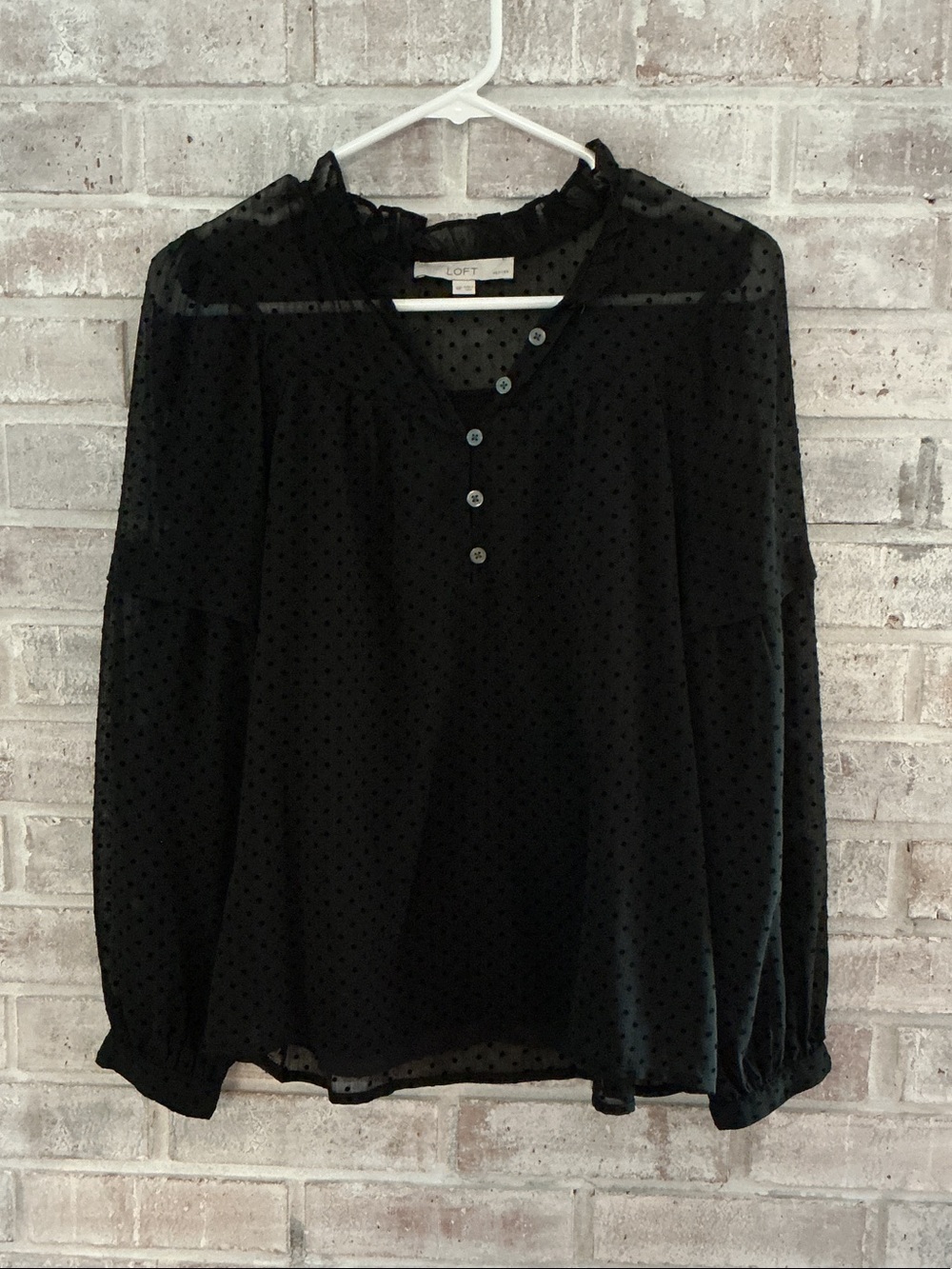 LOFT Black Sheer Dotted Ruffle-Neck Blouse